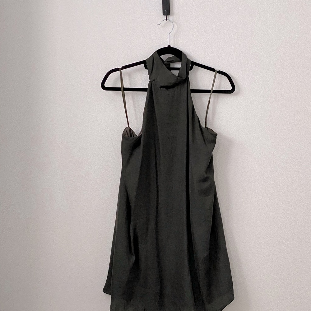 Aakaa Satin Green Ribbon Tie Neck Low Back Dress Great for a holiday dress